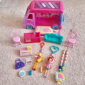 Polly Pocket Purple Food Truck with 2 Doll Keychains, Necklace and Furniture